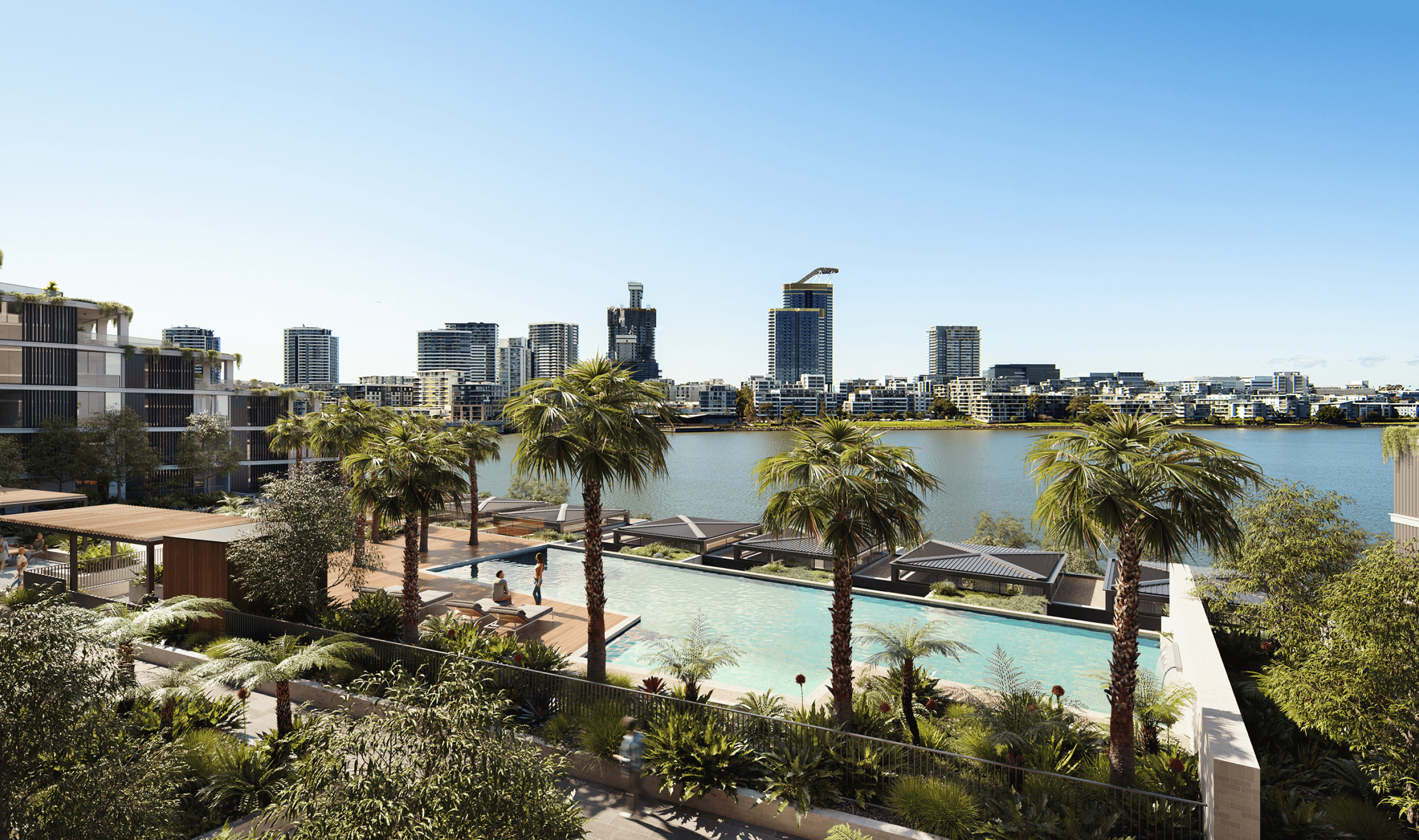 The Wentworth Quarter podium with outdoor swimming pool, a row of palm trees and lush green planting. It overlooks Homebush Bay towards Rhodes.