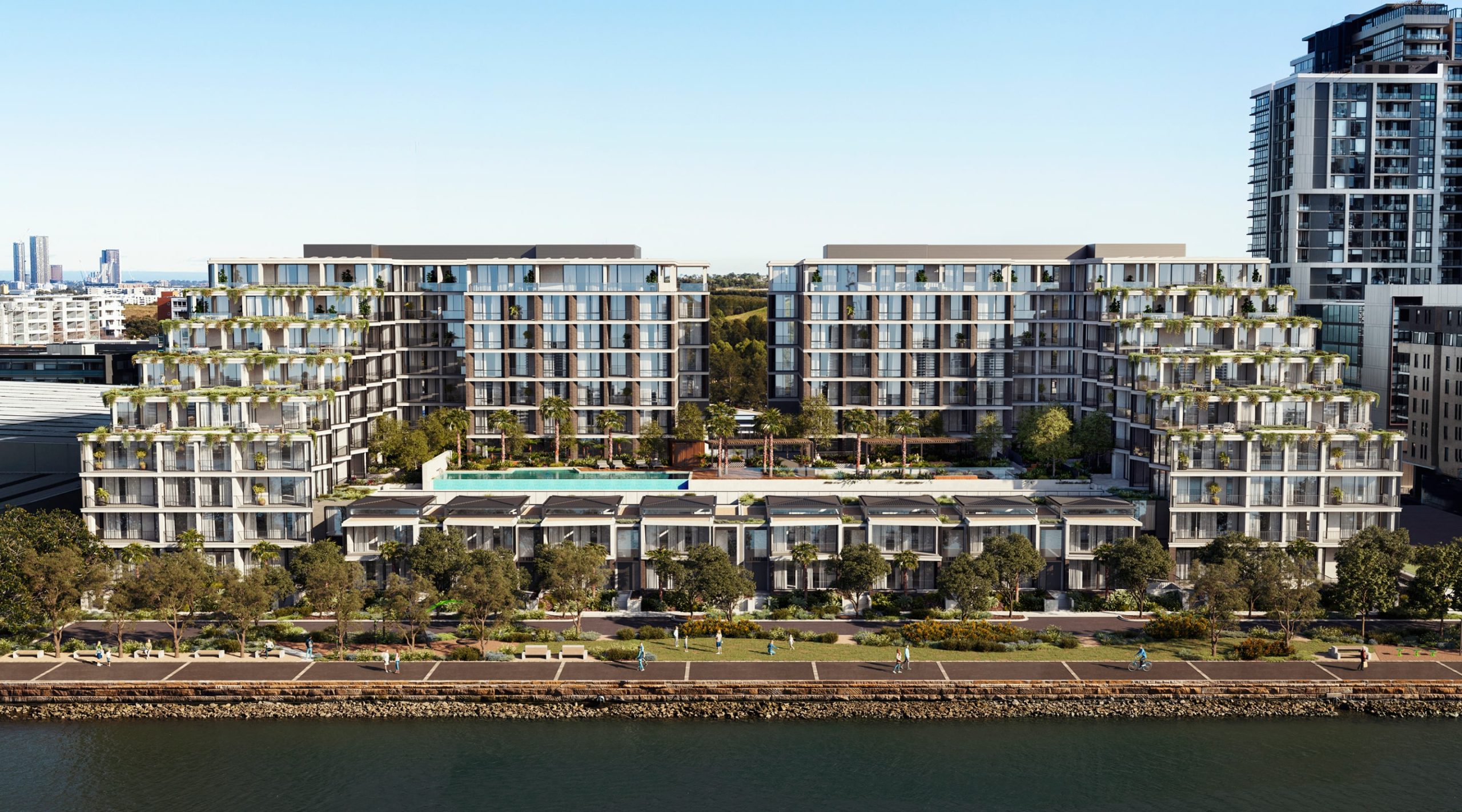 Artist’s impression of the Wentworth Quarter apartment building from the outside, directly on the Homebush Bay foreshore.